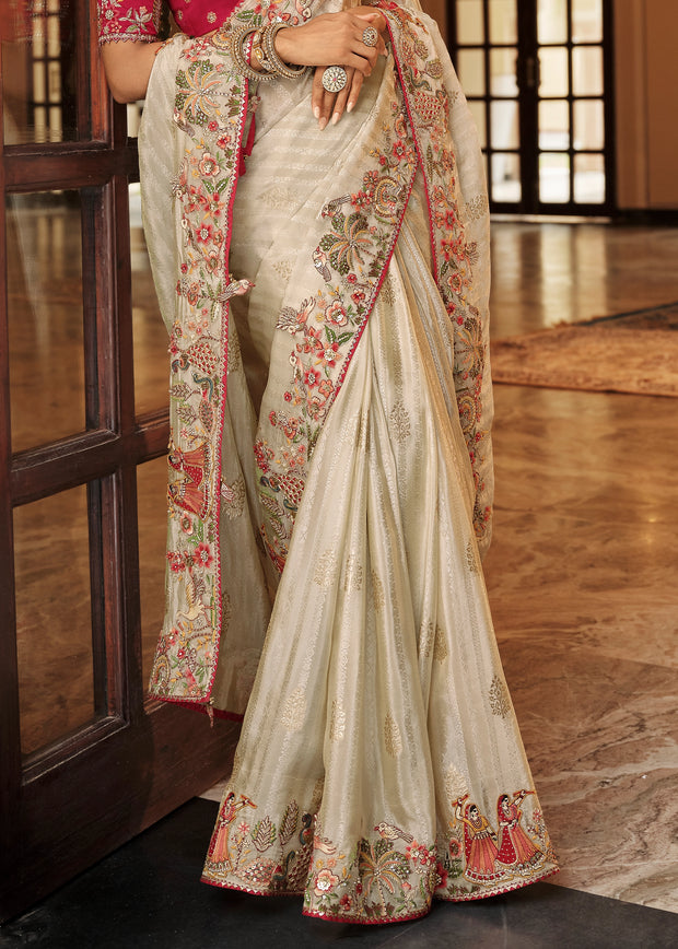 Off White Designer Embroidered Silk Saree
