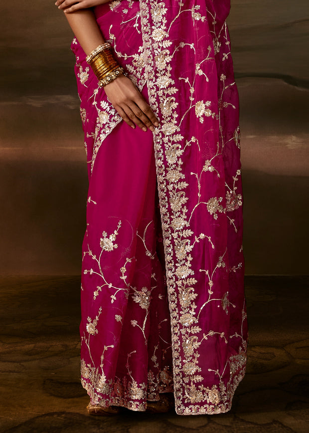 Berry Magenta Pink Embroidered Designer Organza Saree
