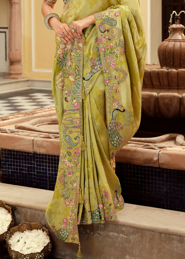 Green Designer Embroidered Silk Saree