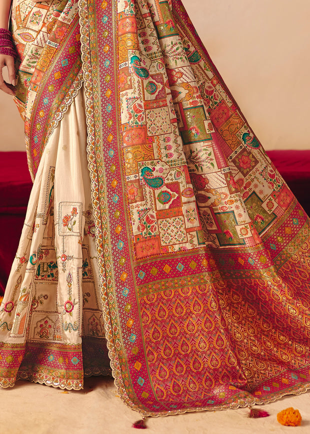 Ivory Designer Embroidered Saree