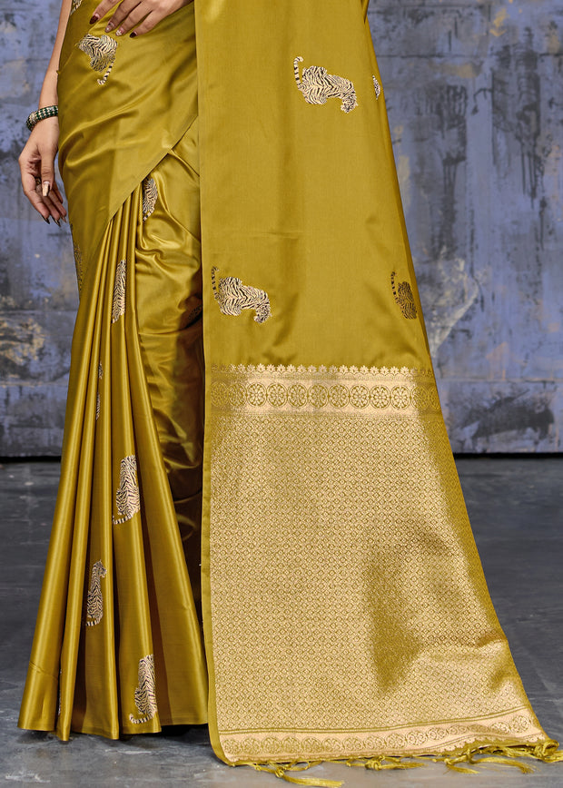 Mehandi Green Woven Banarasi Satin Silk Saree