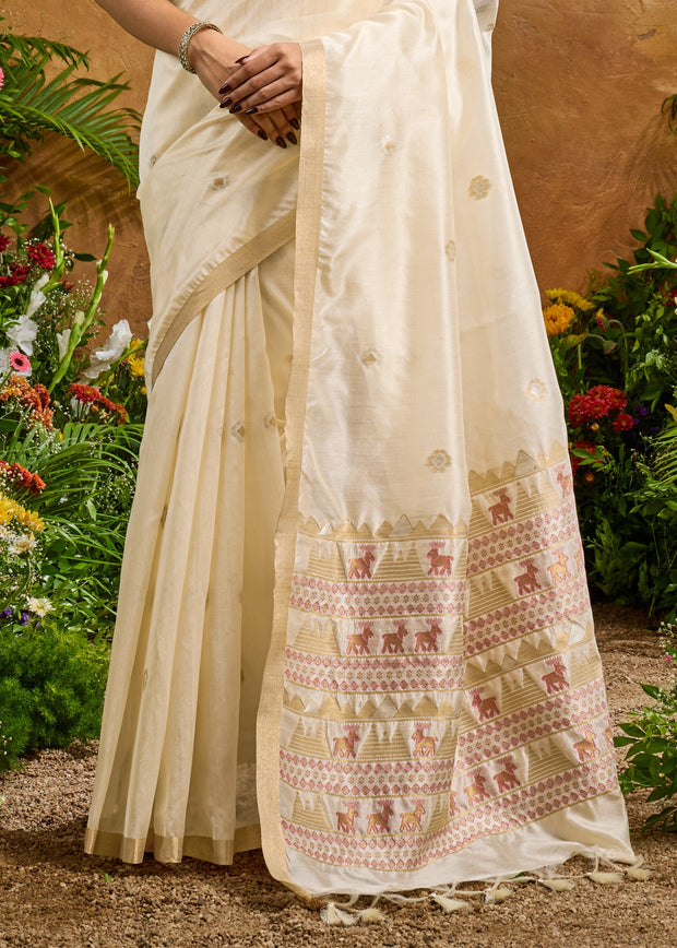 Elegant Cream Woven Banarasi Silk Saree