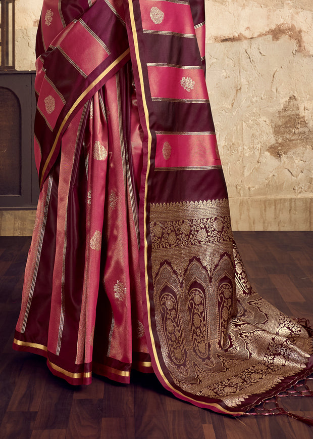 Pink And Maroon Rangkat Satin Silk Saree