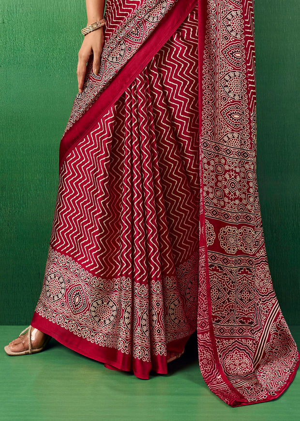 Deep Red Printed Satin Silk Saree