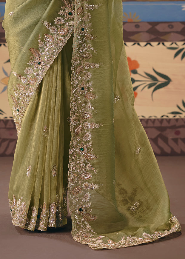 Kiwi Green Embroidered Designer Saree