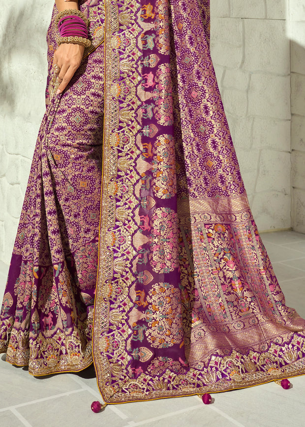 Wine Purple Embroidered Georgette Bandhej Saree