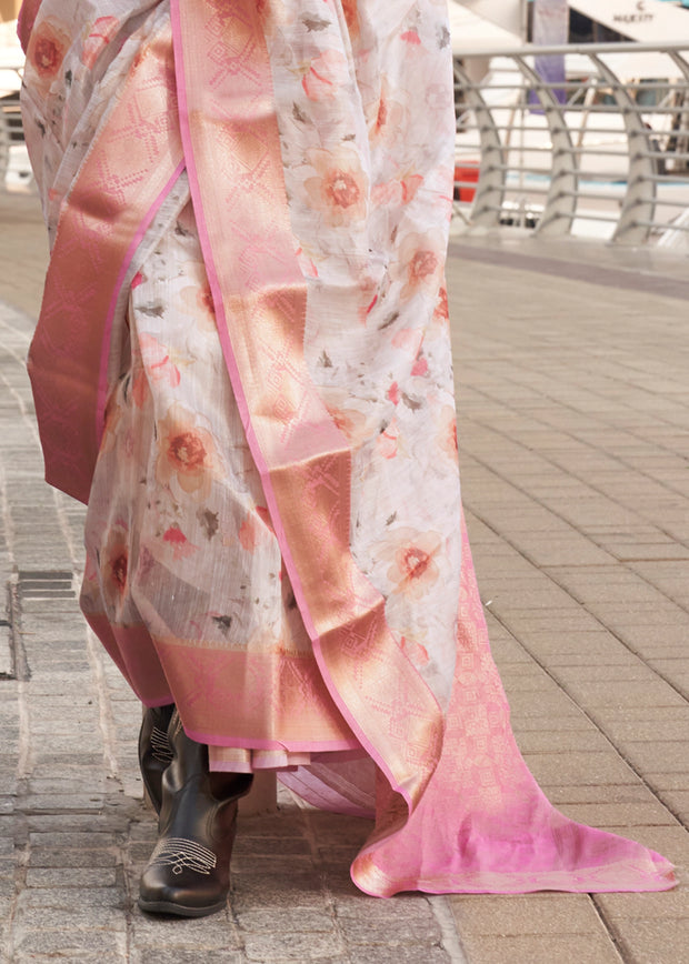 White And Pink Woven Banarasi Tissue Silk Saree
