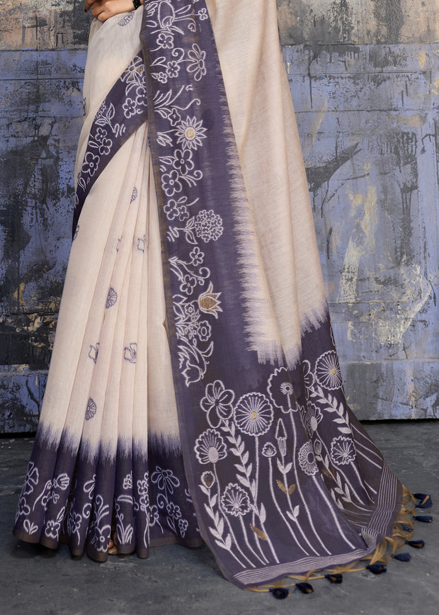 Midnight Blue Printed Cotton Silk Saree