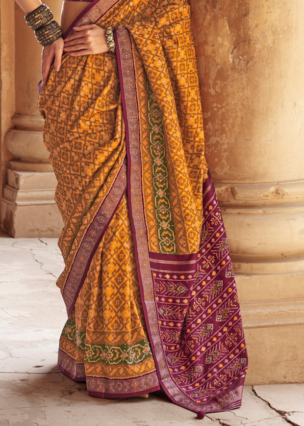 Apricot Yellow Printed Patola Silk Saree