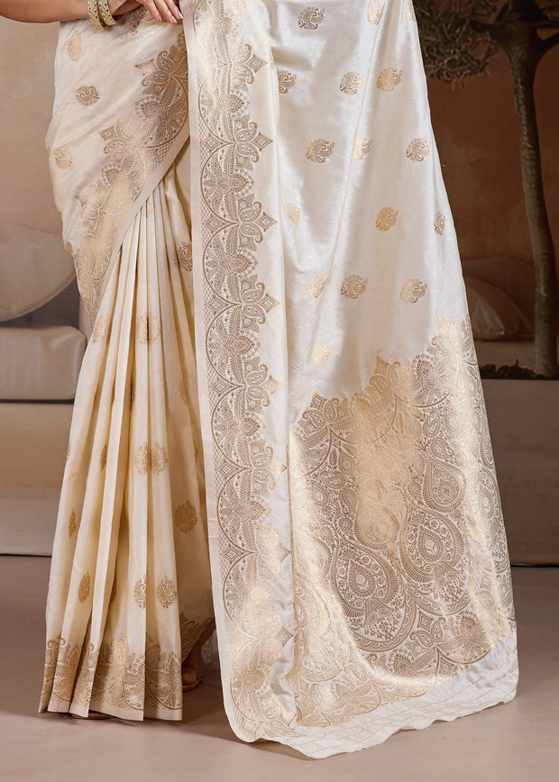 Bright White Woven Banarasi Silk Saree