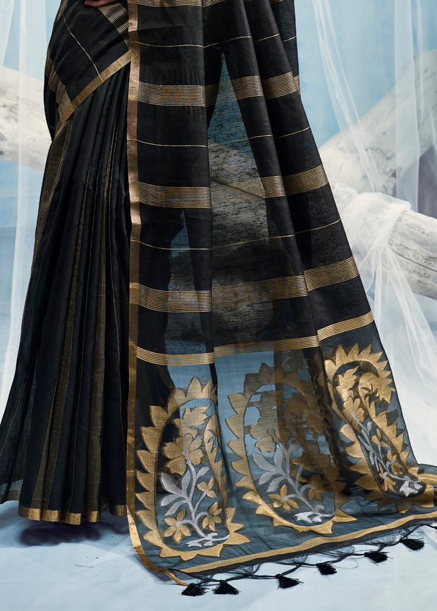 Black Woven Munga Cotton Saree