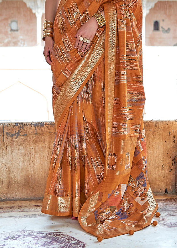 Burnt Orange Printed Soft Silk Saree