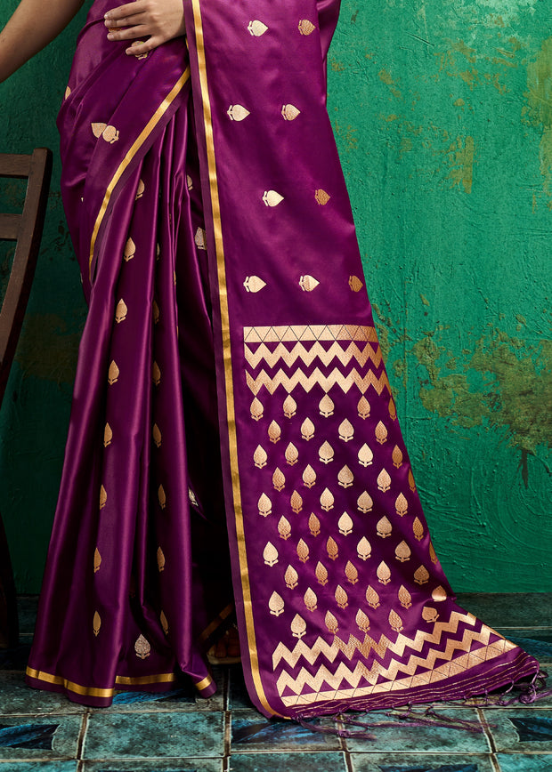 Plum Purple Woven Banarasi Satin Silk Saree