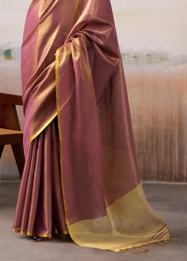Golden Wine Woven Tissue Silk Saree