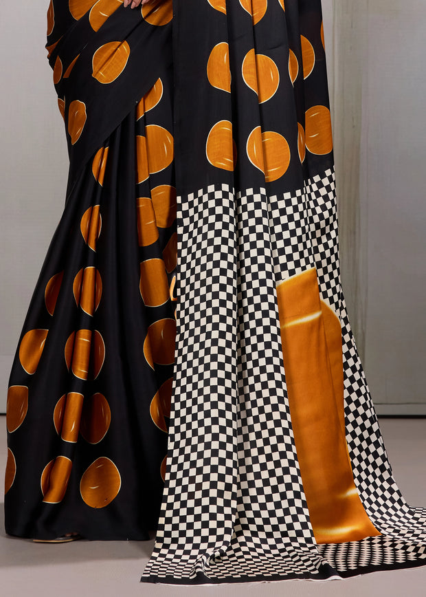 Orange Printed Satin Silk Saree