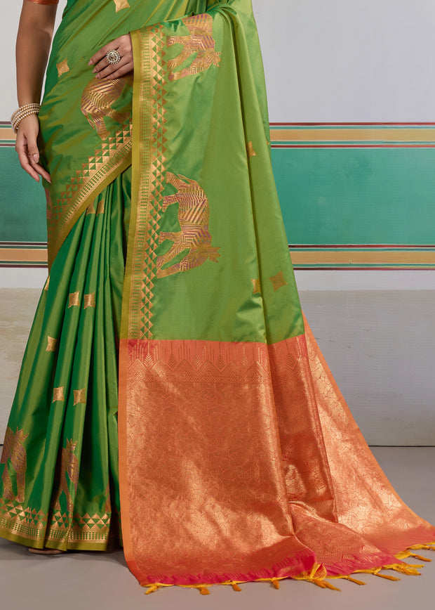 Summer Green Woven Silk Saree With Contrast Blouse