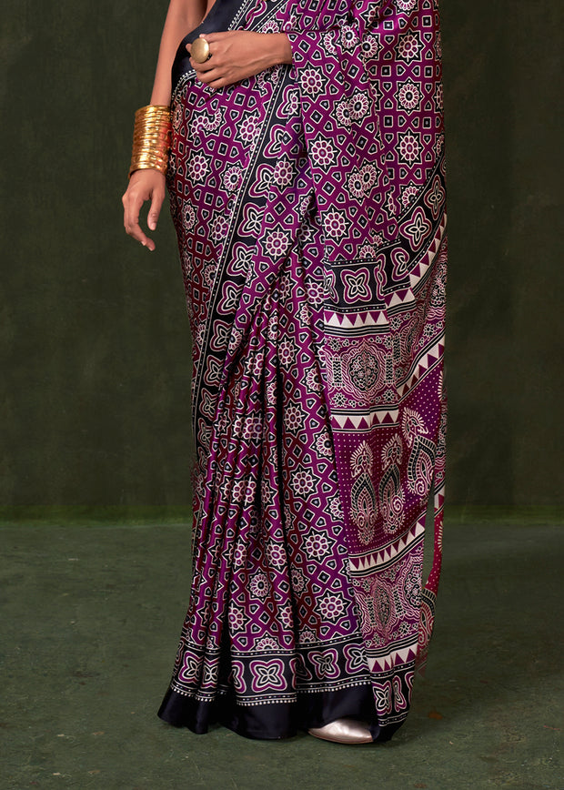 Phlox Purple Printed Satin Crepe Silk Saree
