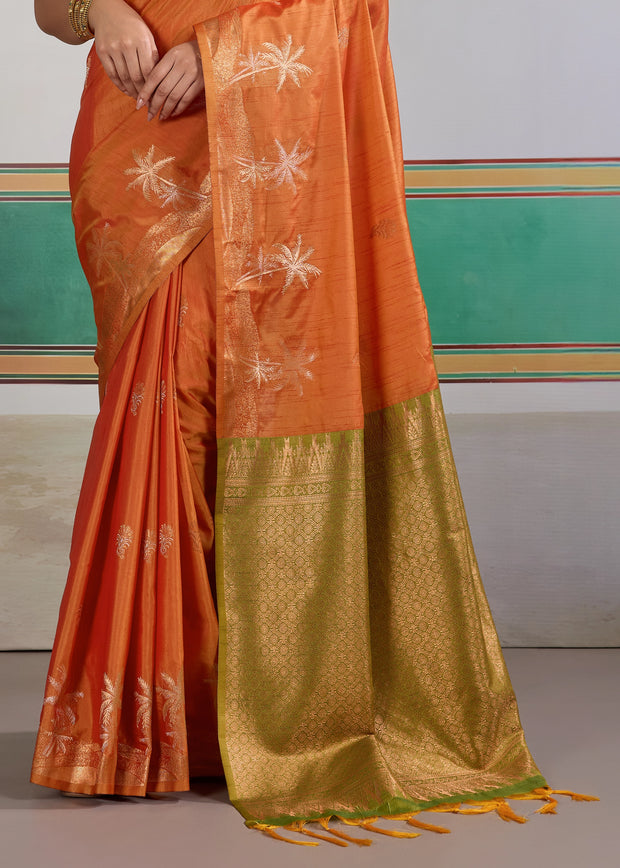 Bright Orange Woven Tussar Silk Saree