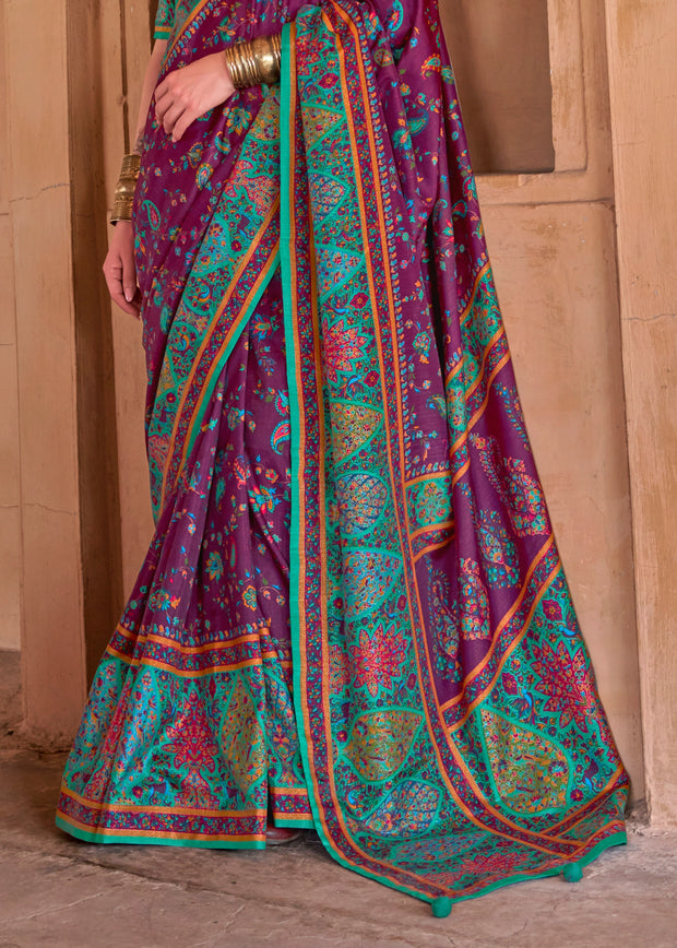 Sparkling Purple Printed Kashmiri Jamewar Saree