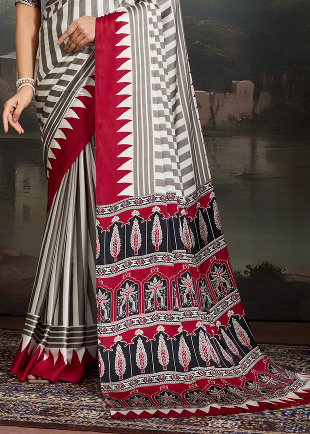Red And White Printed Satin Silk Saree