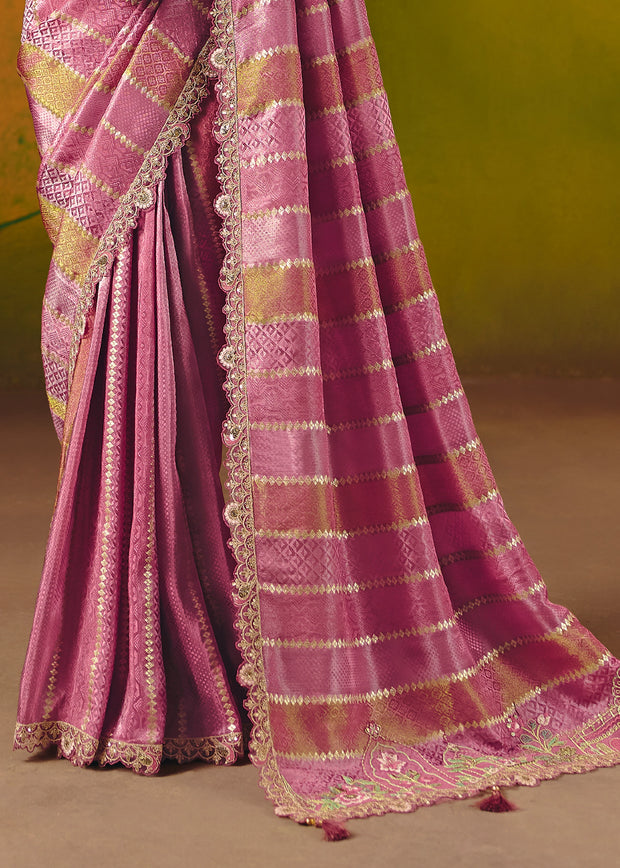 Violet Pink Designer Embroidered Saree
