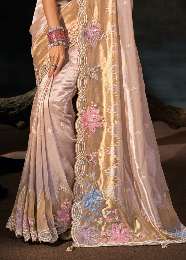 Golden Cream Embroidered Silk Saree