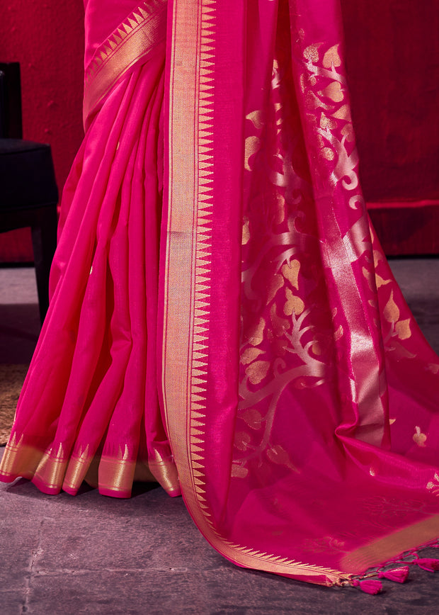 Fuchsia Pink Banarasi Satin Linen Silk Saree