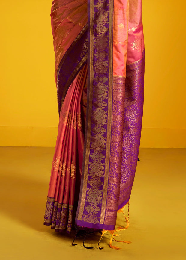 Peach Pink Woven Banarasi Silk Saree