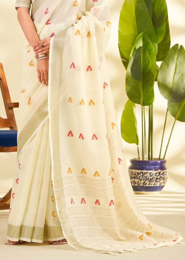 Off White Woven Linen Silk Saree