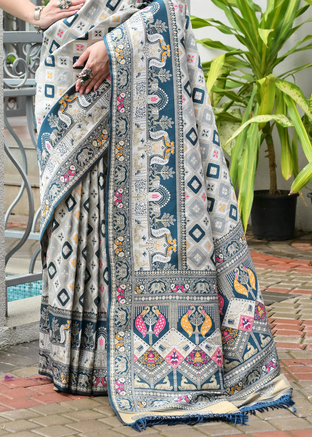 White & Rama Blue Woven Banarasi Patola Silk Saree
