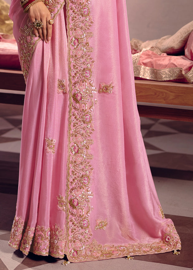 Blush Pink Embroidered Tissue Designer Saree