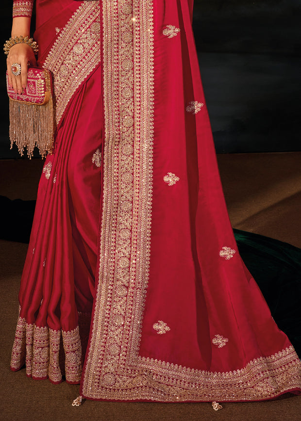 Red Satin Embroidered Designer Saree