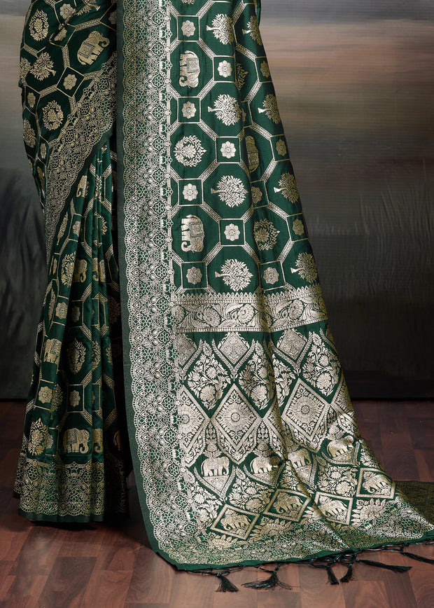 Bottle Green Woven Banarasi Silk Saree