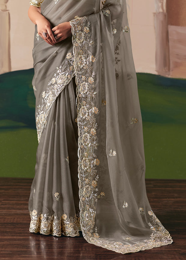 Taupe Grey Embroidered Designer Saree