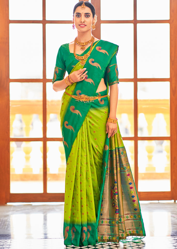 Buy Lime Green Cotton Paithani Sarees Online Worldwide Shipping – My  Clothing Treasure