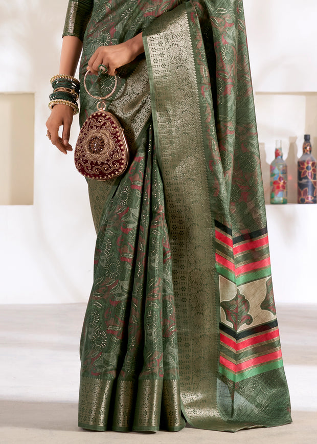 Saga Green Banarasi Printed Soft Silk Saree