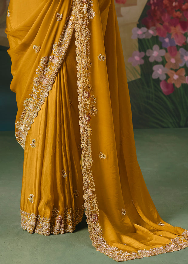 Mustard Yellow Embroidered Designer Saree