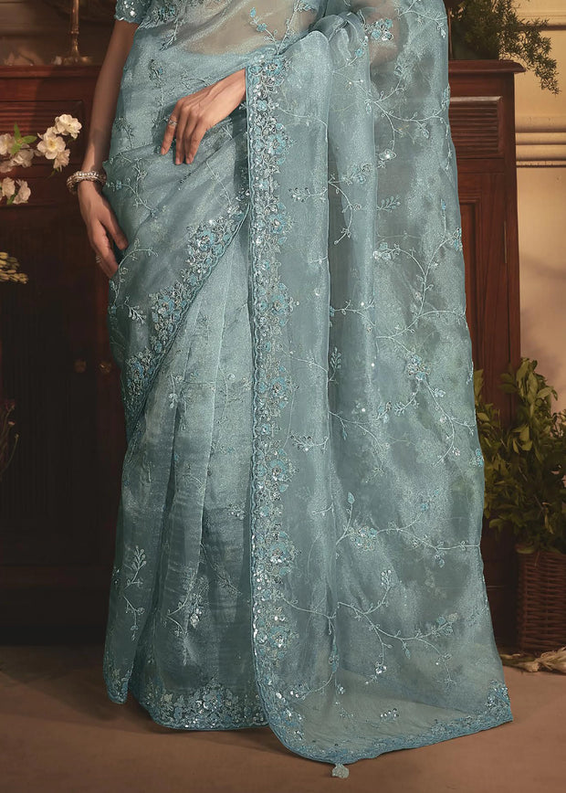 Aqua Mist Designer Tissue Organza  Saree