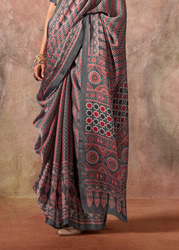 Metalic Grey Printed Crepe Satin Silk Saree