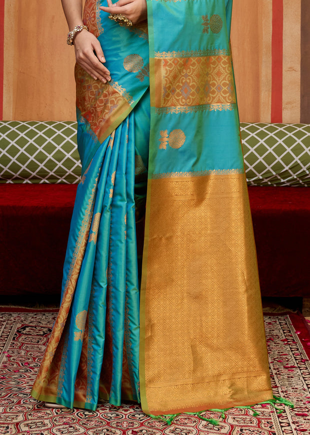 Blue Yellow Woven Banarasi Silk Saree