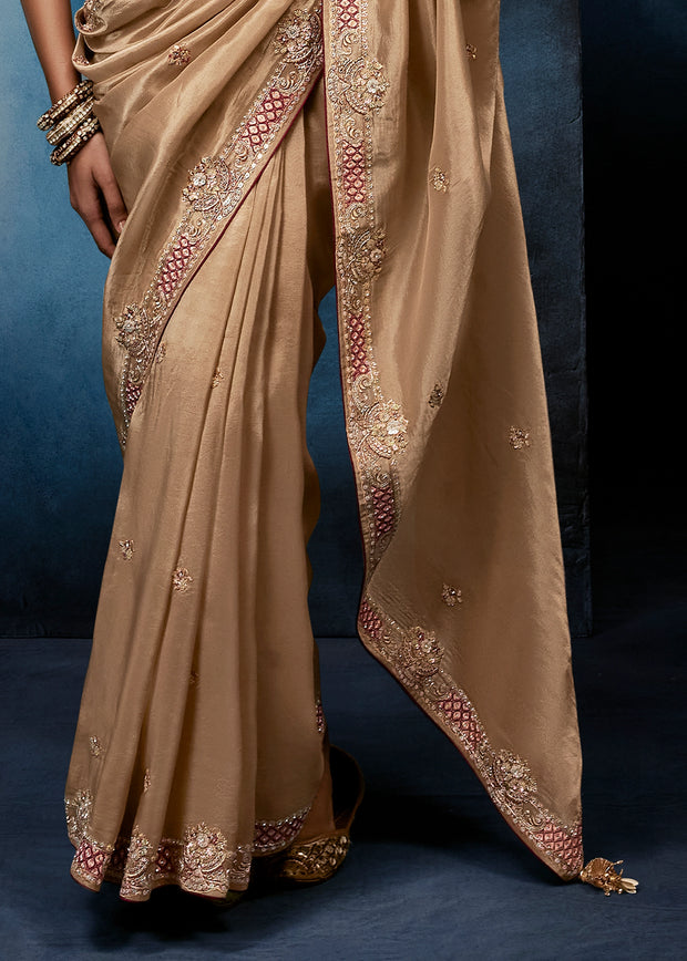 Almon Beige Embroidered Designer Tissue Saree