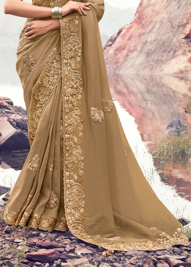 Almond Brown Woven Embroidered Soft Silk Saree