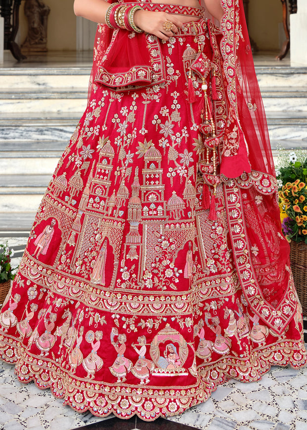 Royal Red Embroidered Silk Bridal Lehenga With Double Dupatta