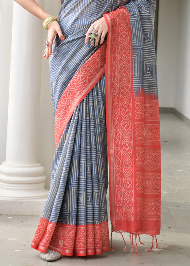 Slate Grey & Red Printed Tussar SIlk Saree
