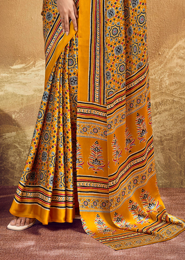 Golden Yellow Printed Satin Silk Saree