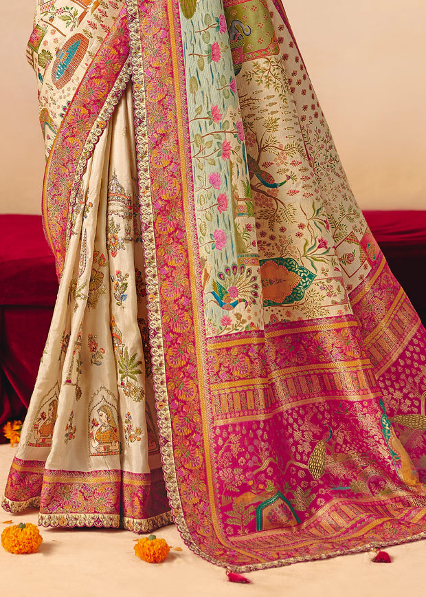 Off White Designer Embroidered Saree