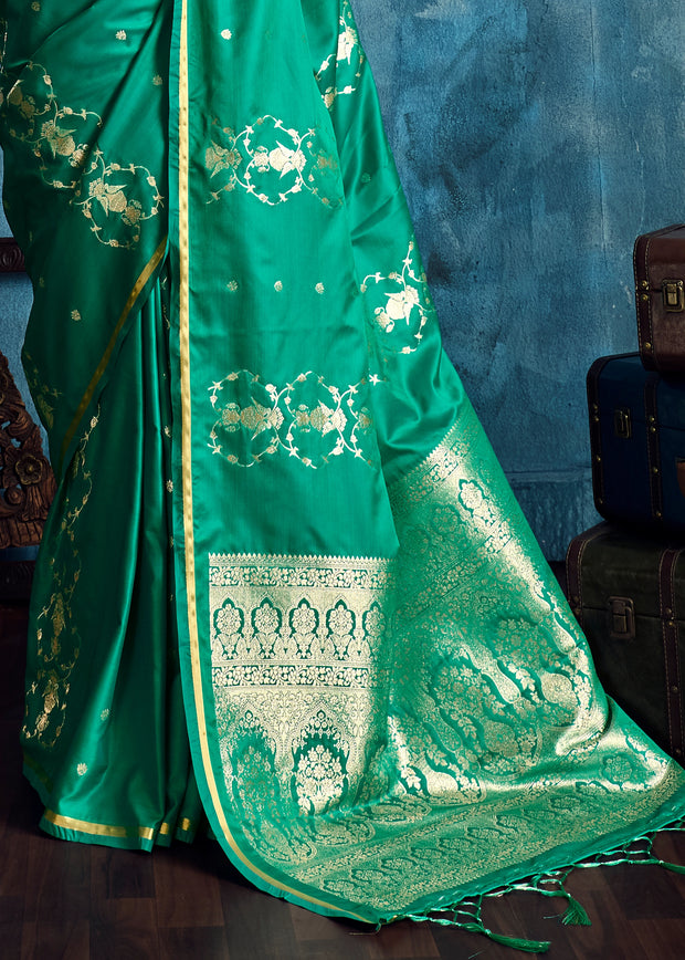 Peacock Green Woven Banarasi Satin Silk Saree
