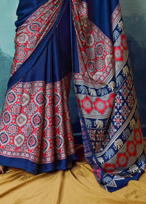 Nautical Blue Printed Satin Silk Saree