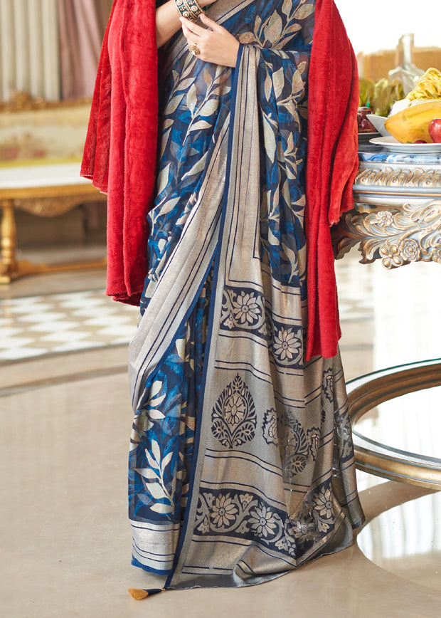Teal Blue Woven Georgette Silk Saree