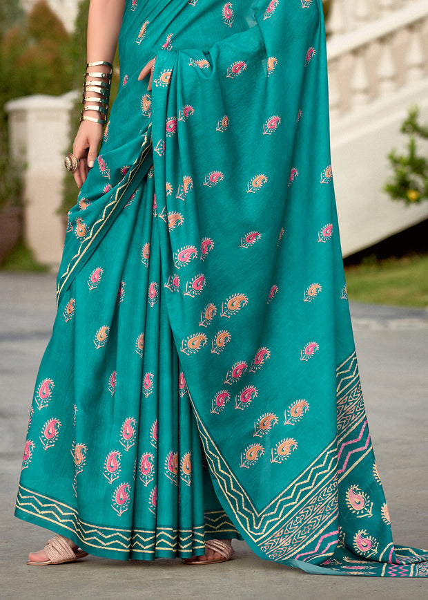 Teal Green Printed Cotton Silk Saree